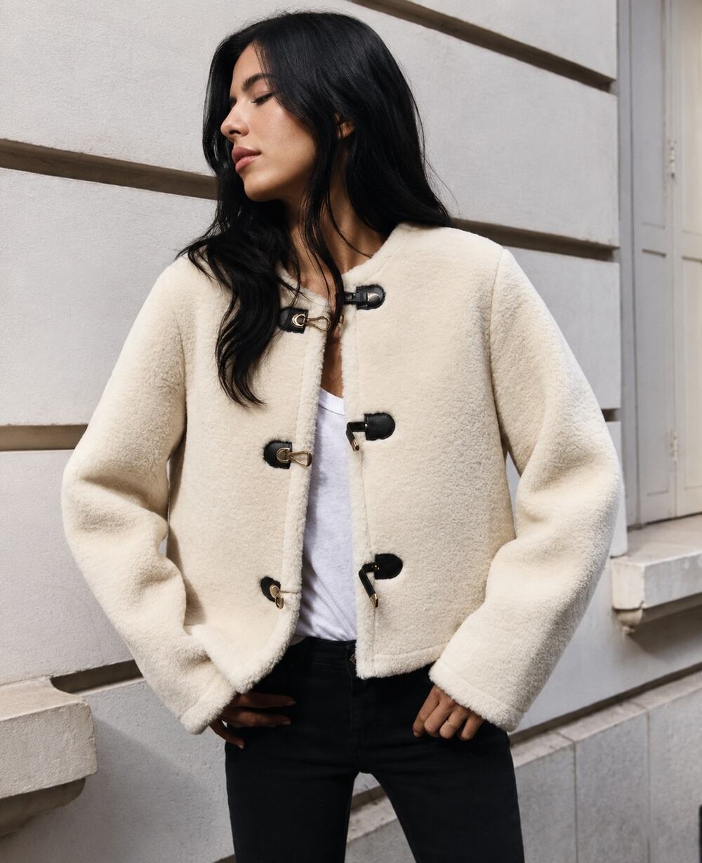 Zara Cream Bouclé Toggle Jacket with Black Trim